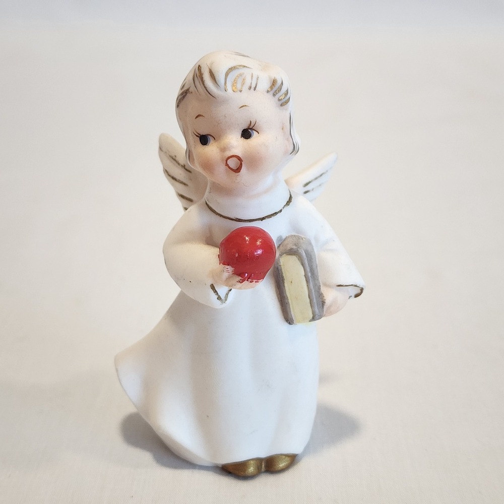 Vintage Norcrest Ceramic Singing‎ Angel Figurine Teacher Apple Book 3.5 in